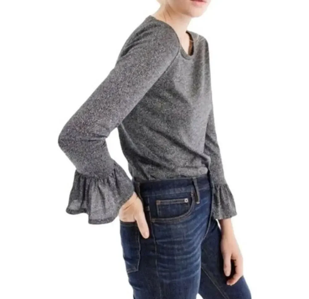 J Crew Metallic Sparkle Knit Bell Ruffle Sleeve Tee Top shirt Charcoal Gray M